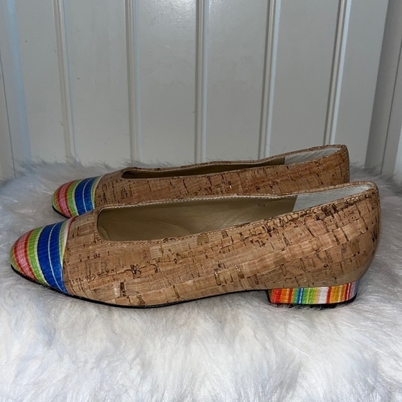 VANELI Natural Cork & Multi Color Captoe Rainbow Stripe Flat size 9 Italy - Picture 1 of 17